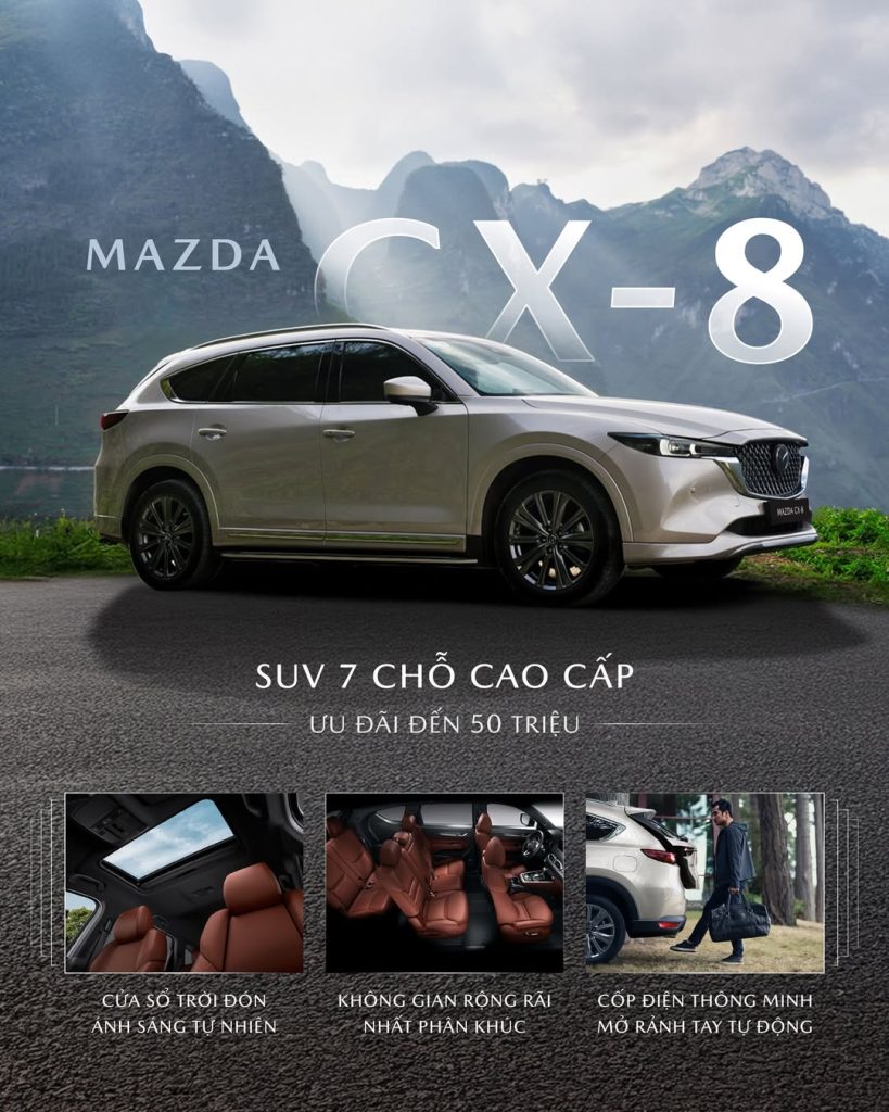 Mazda CX‑8 SUV 7 chỗ cỡ lớn kiến tạo một không gian rộng rãi, tập trung vào giá trị trải nghiệm. Các chi tiết được chăm chút tỉ mỉ để tất cả vị trí ngồi đều cảm nhận được sự thư thái. Ghế ôm lưng, đệm dày, tựa lưng sâu cùng da Nappa mềm mịn, kết hợp cửa sổ trời đón ánh sáng tự nhiên, mang đến cảm giác dễ chịu ngay cả trên những hành trình dài.